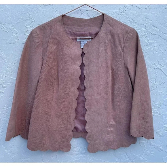Newport News Womens Open Front Scallop Leather Blazer Jacket Soft Pink Sz 8 - Picture 1 of 14